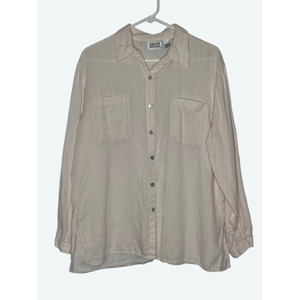 Chico's 100% Linen Boxy Button Front Long Sleeve Blouse Pink SIze 2/ 12 Pockets